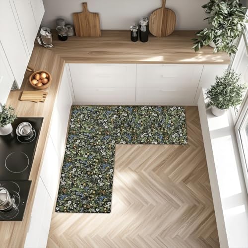 Feelyou Black Green Botanical Blossom Flowers Kitchen Rugs 2PCS - color: Black Green