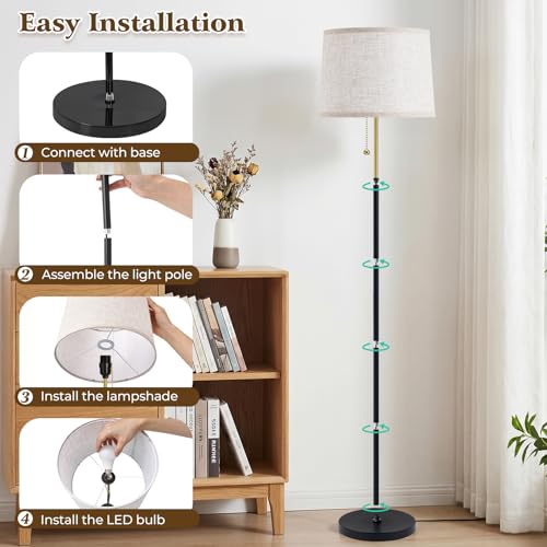 Floor Lamps for Living Room & Bedroom, 60" Modern Tall Standing Lamp, 3CCT - color: Linen T-Shades+Blackgold Pole
