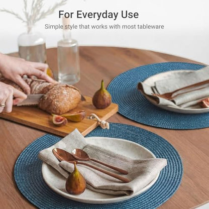 FunWheat Round Braided Placemats Set of 6 Table Mats for Dining Tables Woven Washable Non-Slip Place mats 15 in(Blue, 6pcs) - color: Blue, size: Set of 6