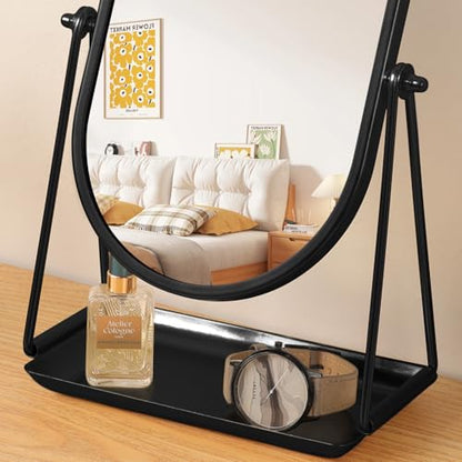 Black Metal Framed Oval Desk Table Mirror with Storage Tray - color: Oval-black