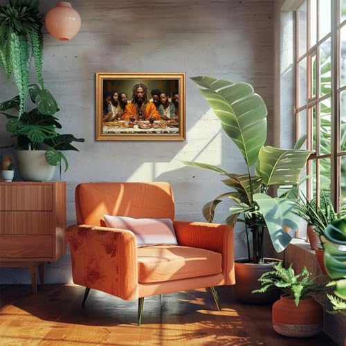 Black Jesus Wall Art Gold Framed Modern Last Supper Picture 12x16 Inch - color: Dinner, size: 16"L x 12"W