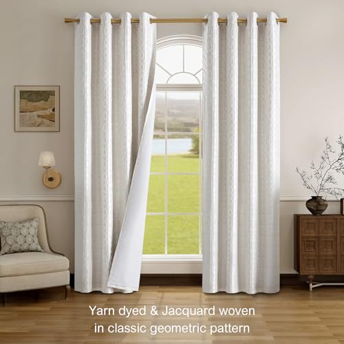 Cream and Silvery 100% Blackout Curtains 96 Inch Length 2 Panels, Jacquard Thermal Insulated Noise Reducing Grommet Drapes for Bedroom Living Room, 2pcs, 52" W x96 L - color: Cream and Silvery, size: 52"W x 96"L (Pack of 2)