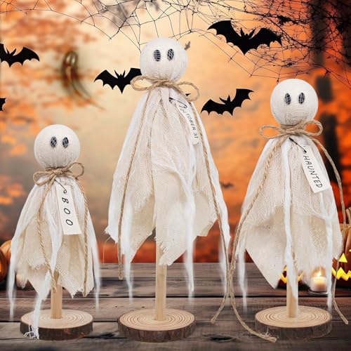 Wooden Ghost Halloween Decorations Indoor– Set of 3 Sizes Rustic Shelf Sitters with Fabric Ghost Figures – Halloween Table Decor for Tiered Tray, Mantel, Halloween Party Supplies（White） - color: White