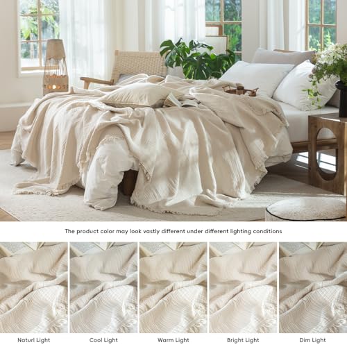 MooMee 100% Cotton Muslin Blanket, Fringed 4-Layer Gauze Bed Throw Blankets - color: Beige, size: Oversize Queen