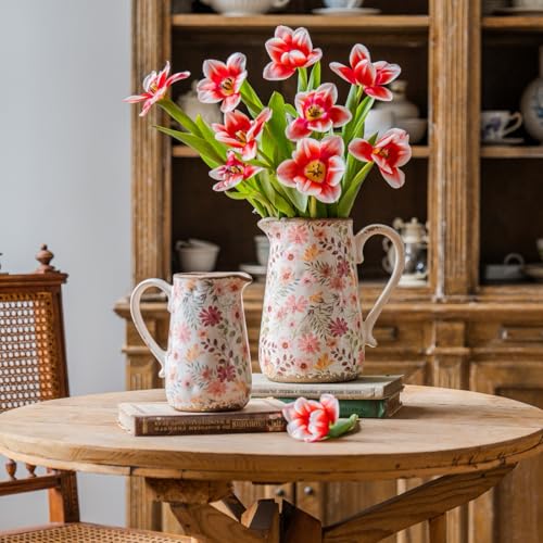 Retro Rustic Large Ceramic Vase with Handle, Distressed Farmhouse Pitcher for Home, Ideal Shelf Decor, Colorful Daisy Floral Vase for Living Room Bedroom Office Table Centerpiece Decorations 9 Inch - color: Colorful Daisy, size: Large Pitcher