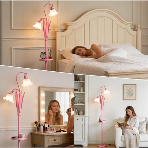 Pink Flower Floor Lamp with Table, Adjustable Floral Standing Lamp for Girl - color: Peach Pink