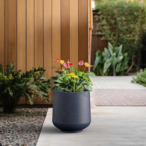 Kante 17.3" Tall Round Curved Concrete Planter, Charcoal Floor Pot - color: Charcoal, size: 15.3" D