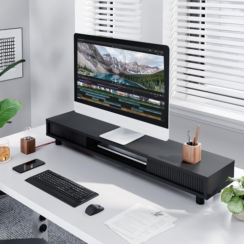 Fenge Dual Monitor Stand with Storage, Desk Shelf with Glass Sliding Door - color: Black