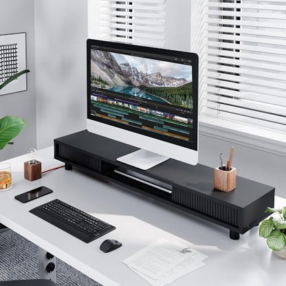 Fenge Dual Monitor Stand with Storage, Desk Shelf with Glass Sliding Door - color: Black