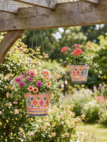 Stoneware Hanging Planters Set of 2, Large 7" + Small 5" - color: Set 2-boho Geometric