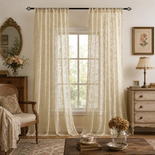 Kotile Natural Beige Sheer Curtains 96 Inches Long, Boho Floral Lace Panels - color: Beige, size: 52"W x 96"L (Pack of 2)
