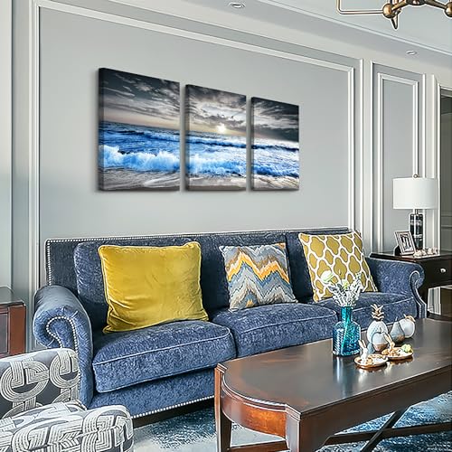 MHARTK66 3 Piece Canvas Wall Art - Blue Ocean Wave Seascape Pictures - Bedroom, Living Room, Office Wall Decor - Modern Home Decor - color: Blue Sea Waves Wall Painting, size: 12x16inches*3pcs