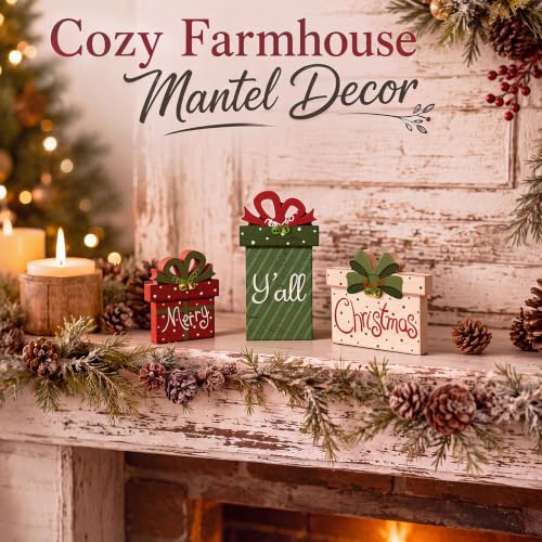 3 Pcs Farmhouse Christmas Table Decoration Rustic Wooden Gift Box Sign - style: Farmhouse