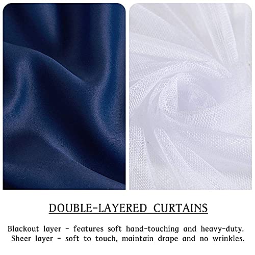 PONY DANCE Navy Blue Curtains Blackout - Room Darkening Curtains with Sheer Elegance Drapery Layered Drapes Mix and Match for Living Room/Kids Bedroom (Set of 2, 52x84 inch, Free Tie-Backs) - color: Navy Blue, size: 52"W x 84"L (Pack of 2)