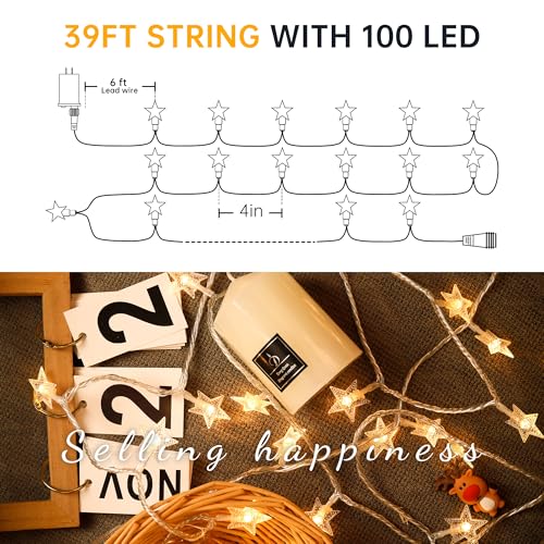 HEYFUNi 39FT 100LED Star String Lights Plug in, Twinkle Lights with Remote - color: Warm White, size: 100 LED-Plug