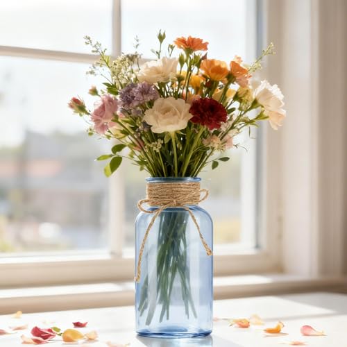 12 Pack Mason Jar Vases for Centerpieces, Blue Glass Flower Vase - color: Blue