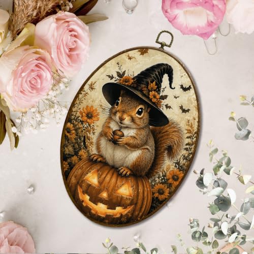 JQF Halloween Squirrel Witchy Pumpkin Oval Wall Decor Framed 442XW-YGH-fall - color: fall Squirrer-1