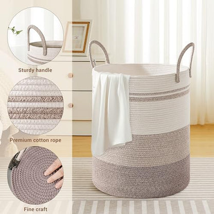 88L Large Tall Cotton Rope Laundry Basket with Handles, Brown Striped - color: Brown Striped, size: 88L