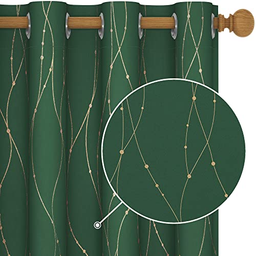 Deconovo Black Out Curtains 63 Inch Long, Curtains for Living Room Bedroom - color: Dark Forest Green/Dots and Line, size: 52"W x 63"L (Pack of 2)