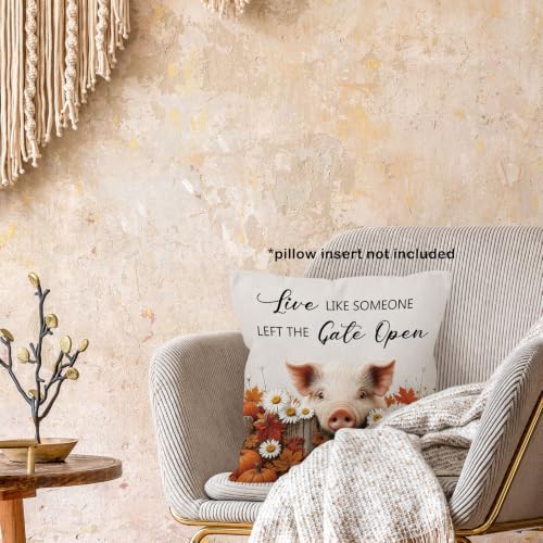 Fall Pig Daisy Floral Pumpkin Maple Leaf Throw Pillow Covers 18x18 - color: Pig-02