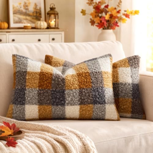 MIULEE Fall Plaid Pillow Covers Boucle Yellow Blue 12x20 Set of 2 Lumbar - color: Yellow Blue, size: 20" x 12" (Pack of 2)