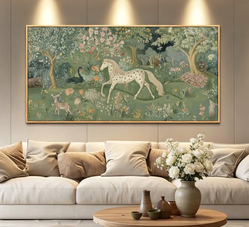 Large Wood Framed Woodland Animal Wall art,Magic Horse Bear Deer Poster Green Fantasy Forest Botanical Pictures Decor,Colorful Fairy Tale World Picture Poster,for Kids Room Bedroom Living Room - color: Woodland animals, size: 48"L x 24"W