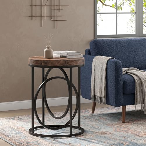 LITTLE TREE 20” Round End Table with Thick Wood Top，Modern Sofa Side Table with Gold O-Shaped Base, Midcentury Accent Table Cocktail Table Nightstand for Living Room Bedroom - color: Rustic Brown+black