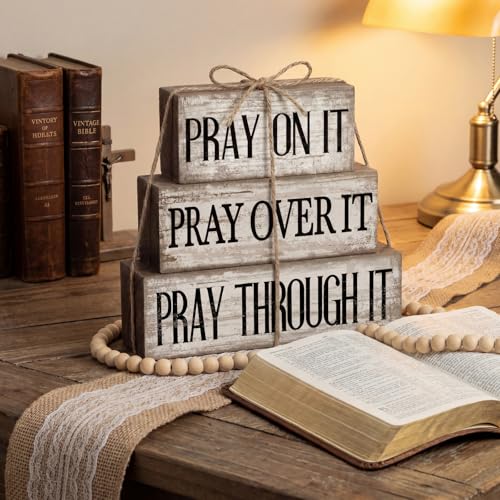 Yuntau 4 Pcs Christian Wooden Block Sign Pray Verse Tiered Tray Decor - style: Pray