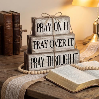Yuntau 4 Pcs Christian Wooden Block Sign Pray Verse Tiered Tray Decor - style: Pray