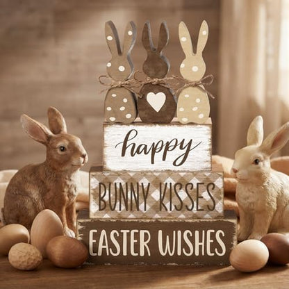 Yousoontic 4 Pcs Rustic Easter Bunny Wooden Table Decorations, Spring Farmhouse Rabbit Tiered Tray Sign Country Table Top Centerpiece Decorative for Home Entryway Office Desk Mantel Room Decor, Gift - style: Easter Bunny