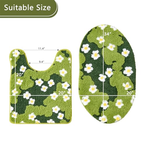Cute Floral Bathroom Rugs Set 2 Piece, Non Slip Microfiber Green Grass Flowers Bath Mat 20x32 + Contour Toilet Rug 20x24 Machine Washable Great Absorbent, Boho Aesthetic Bath Mat Set for Bathroom - size: 20''W x 32''L + 20''W x 24''L