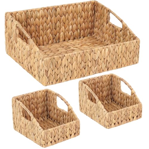 Set of 3 Handwoven Storage Baskets – Decorative Natural Wicker Organizer Bins with Built-in Handles for Bathroom, Kitchen, Pantry, Nursery, Closet, Laundry, Living Room, and Home Use - color: Light Brown