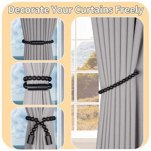 Meplait Magnetic Curtain Tiebacks, 2 Pack Boho Curtain Tie Backs, Black - color: Black-cylinder