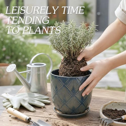 7.2 Inch Modern Ceramic Glaze Plant Pot with Drainage Hole,Mesh Net,Saucer,Indoor Outdoor Planter(Fan-Blue) - color: Fan-blue