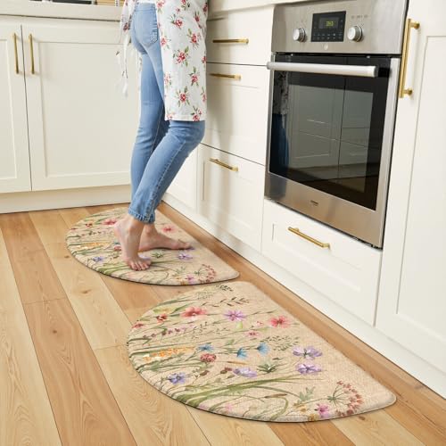 KIMODE Kitchen Mats for Floor Anti Fatigue, Cushioned Kitchen Floor Mats - color: Floral/Brown, size: 18" x 28"+18" x 28"--0.47 inches(Semicircular)