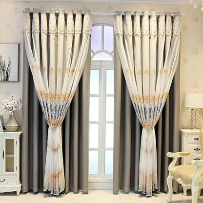 Amidoudou 1 Pair European Double Layer Curtains with Sheer Curtains for Living Room Bedroom Luxury Embroidered Blackout Curtains (Dark Gray,52x96 Inch) - color: Dark Gray, size: 52"W x 96"L (Pack of 2)