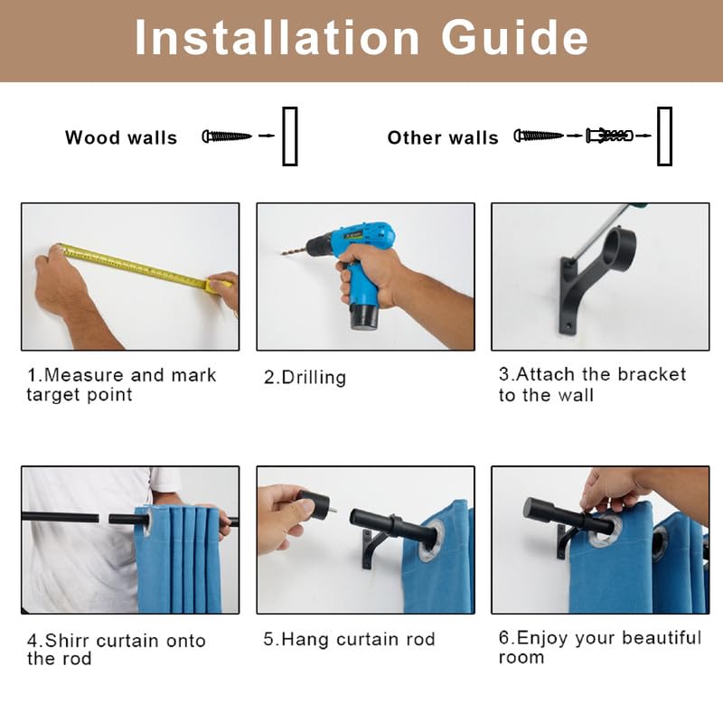 Matte Black Curtain Rods with Cap Finials, Single 144-164" Telescoping Heavy Duty 1-Inch Window Treatment Rods - color: Matte Black, size: 144-164"