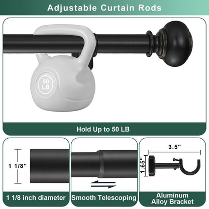 Heavy Duty Curtain Rods, 1 1/8" Diameter Curtain Rod for Window 36-72 Inch(3-6ft), Single Drapery Rods with Classic Finials and Adjustable Aluminum Alloy Brackets, Matte Black - color: Matte Black, size: 36-72"