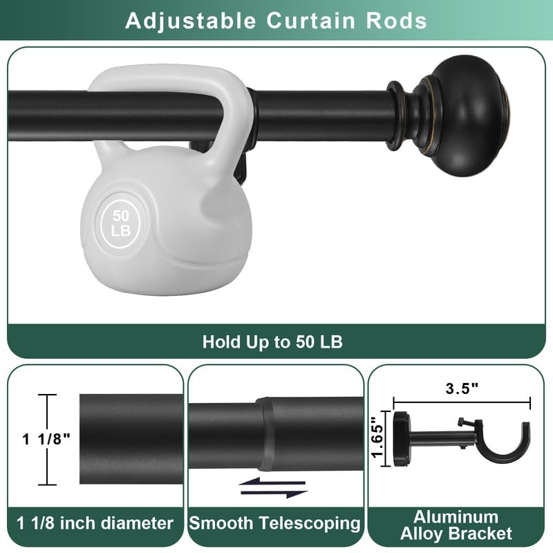 Heavy Duty Curtain Rods, 1 1/8" Diameter Extra Long Curtain Rod 144-240 Inch(12-20ft) for Large Window, Single Drapery Rod with Classic Finials and Adjustable Aluminum Alloy Brackets, Matte Black - color: Matte Black, size: 144-240"