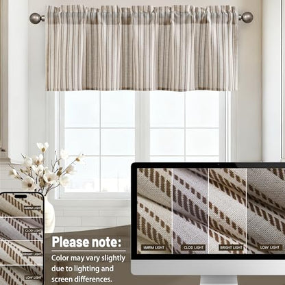 JIUZHEN 42x18 Inch Kitchen Valance - Thick Textured Linen Striped Window Valance Curtain with 3" Rod Pocket, Vertical Striped Brown (1 Panel) - color: Vertical Striped Brown, size: 42"W x 18"L (Pack of 1)