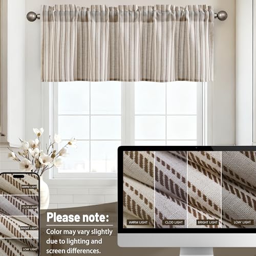 JIUZHEN 52x18 Inch Kitchen Valance - Thick Textured Linen Striped Window Valance Curtain with 3" Rod Pocket, Vertical Striped Brown (1 Panel) - color: Vertical Striped Brown, size: 52"W x 18"L (Pack of 1)