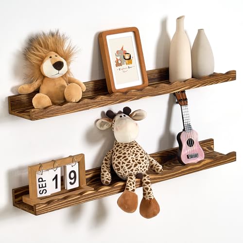 Fun Memories Scalloped Nursery Book Shelves 32in, Solid Pine Wood Floating Shelves for Wall, Kids Wall Book Shelves for Bedroom, Toddler Room & Nursery Decor, Set of 2 - color: Carbonized Brown, size: 32", Set of 2