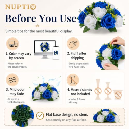 NUPTIO Flower Balls Centerpieces for Tables: Royal Blue White Fake Roses - color: Royal Blue & White, size: 2 Pcs