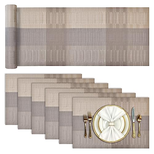 Aofmee Table Runner and Placemats Set of 6 Washable, Heat Resistant Place Mats with Table Runner, Woven Vinyl Table Placemats, Stain Resistant Kitchen Table Mats Sets, Easy to Clean, Gold, Set of 7 - color: Gold, size: Set of 7