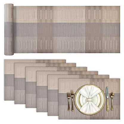 Aofmee Table Runner and Placemats Set of 6 Washable, Heat Resistant Place Mats with Table Runner, Woven Vinyl Table Placemats, Stain Resistant Kitchen Table Mats Sets, Easy to Clean, Gold, Set of 7 - color: Gold, size: Set of 7