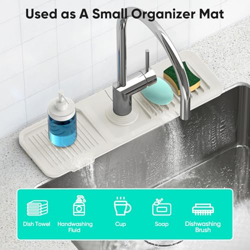 17.7inch Faucet Mat for Kitchen Sink [5°Slope Fast Self-draining] Faucet Mat Kitchen Sink Splash Guard Silicone Sink Splash Guard Kitchen Sink Area Tidy Splash Faucet Guard Draining Mat-Beige - color: Beige, size: 17.7" x 5.5"