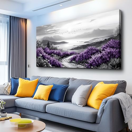 KELIYUAN Large Canvas Wall Artwork Home Decoration Painting Black And White Landscape Modern Print Painting Living Room Decor And Bedroom Office Wall Decoration Natural Scenery Mural 24 X 48 Inches - color: Purple Grass, size: 48"L x 24"W