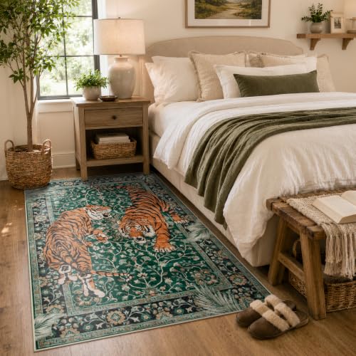 Moynesa Boho Tiger 4x6 Rug, Washable Non Slip Area Rug for Living Room - color: Green, size: 4' x 6' (Rectangular)