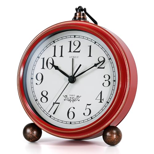 AYRELY® 5.3" Vintage Metal Analog Alarm Clock, Retro Desk and Table Clock - color: Red-white