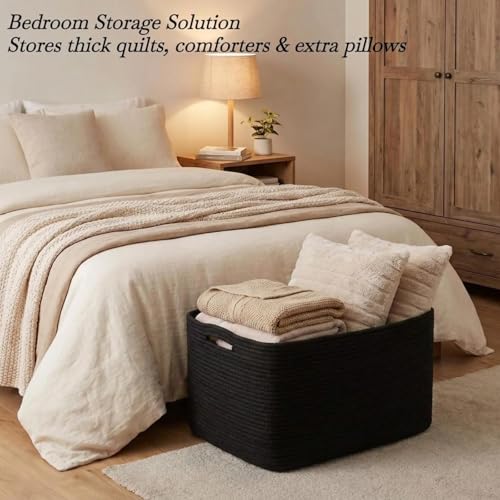 Optish 95L Large Woven Blanket Basket, Storage Basket with Handles, Black - color: Black, size: 24" x 17" x 13.5"(95L)